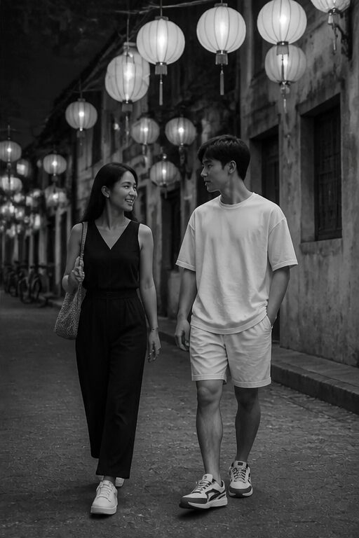 giày thể thao da trắng, dây buộc; áo ba lỗ, quần dài.