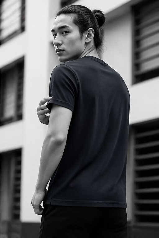 áo thun cotton ngắn tay xanh navy, cổ tròn.