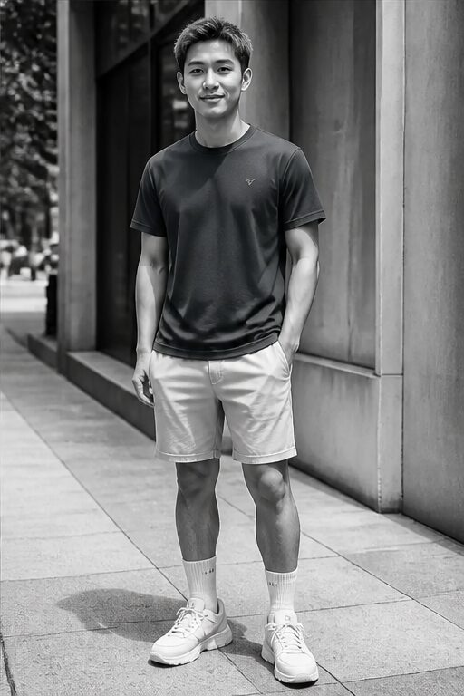 áo thun cotton ngắn tay xanh rêu, cổ tròn, đi cùng giày thể thao trắng và vớ trắng.