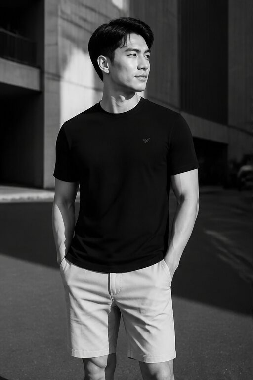 áo thun cotton ngắn tay đen, cổ tròn.