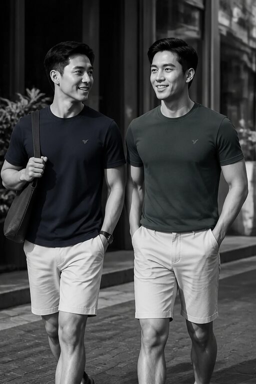áo thun cotton ngắn tay xanh navy, cổ tròn.