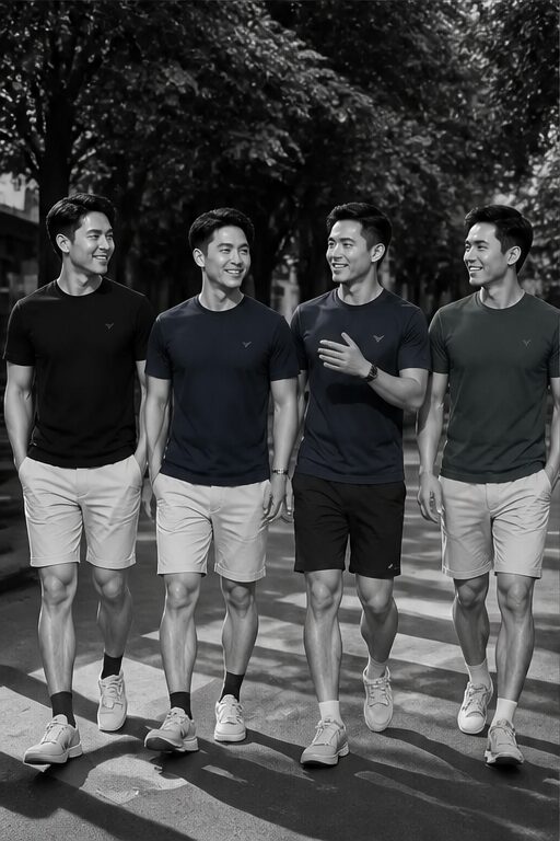 áo thun cotton ngắn tay xanh rêu, cổ tròn.