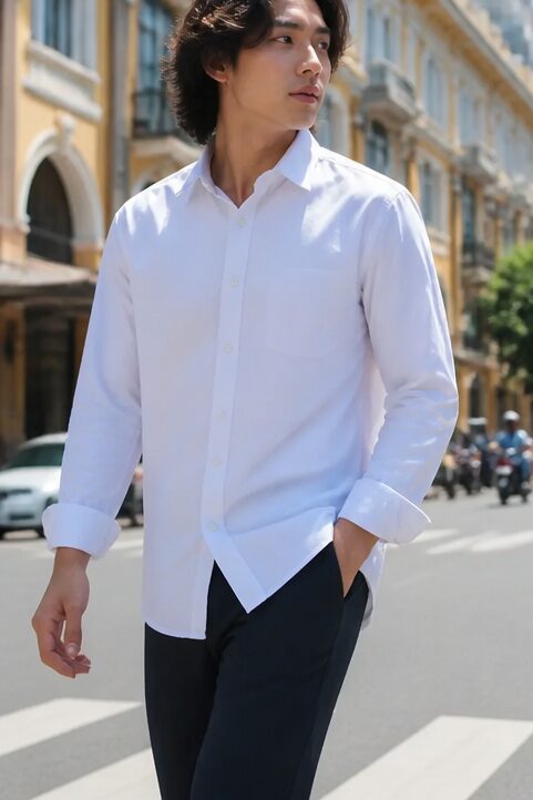 áo sơ mi dài tay, trắng, trơn, có túi.