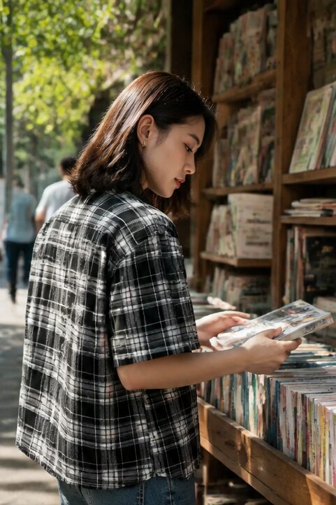 áo sơ mi ngắn tay, caro đen trắng, có túi.