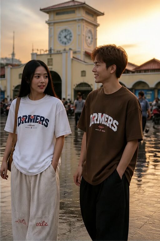 áo thun cotton, nhiều màu, in chữ "DRMERS", quần ống rộng vải nhăn, nhiều màu, có túi