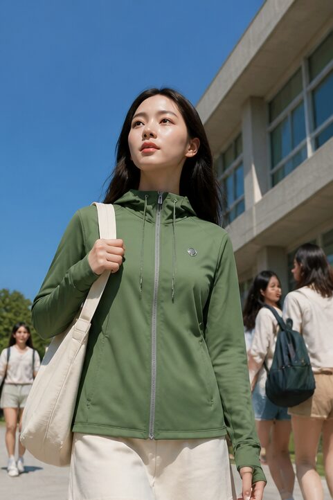 áo hoodie xanh lá cây, khóa kéo, mũ trùm đầu, túi, túi vải.