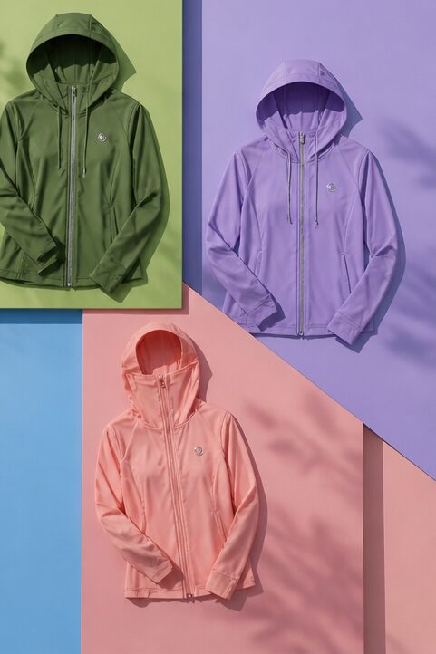 áo hoodie tím, khóa kéo, mũ trùm đầu.