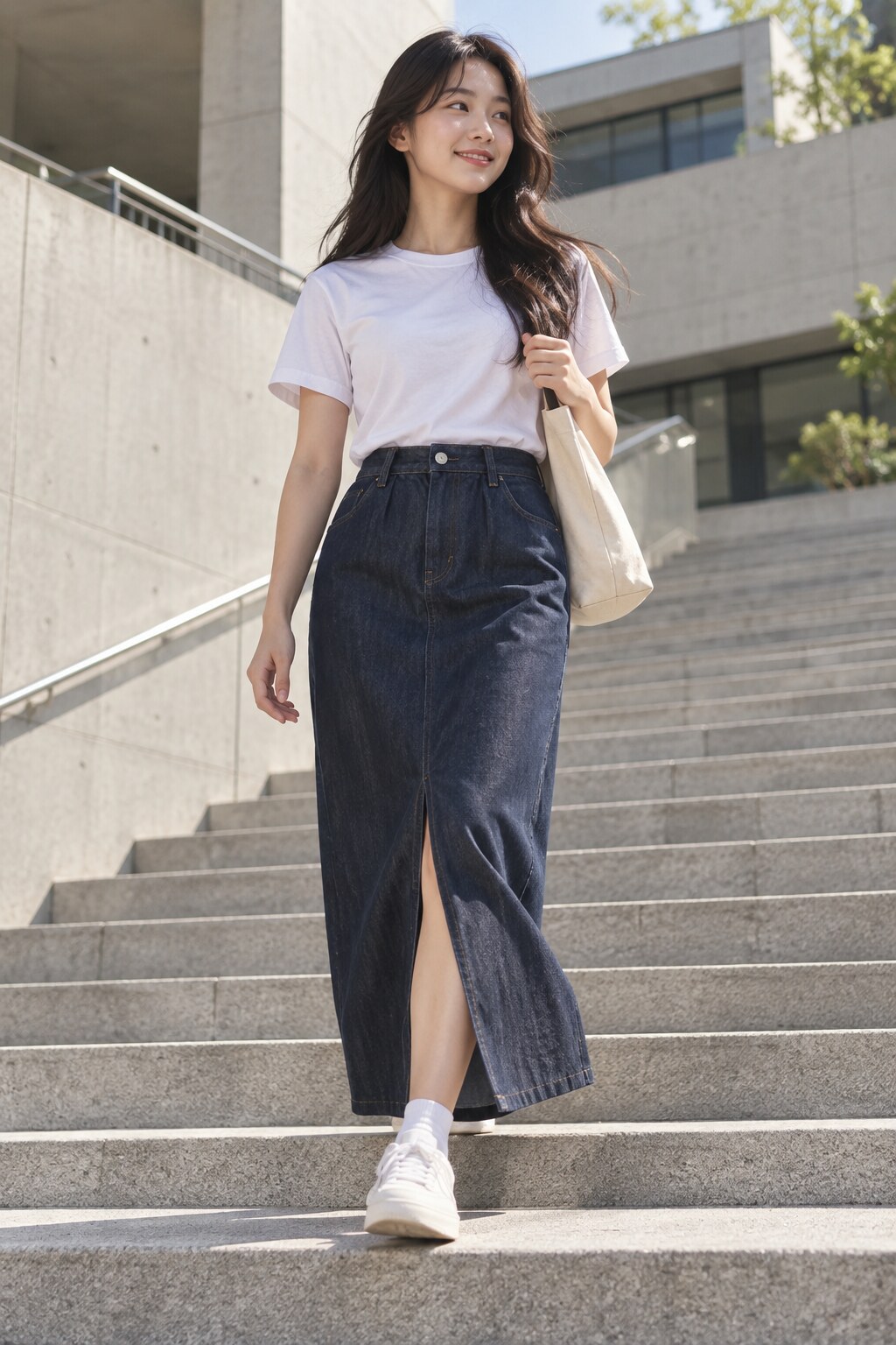Chân váy denim dài đi cùng áo trắng tạo một tỷ lệ thẳng, sáng và dễ ứng dụng.