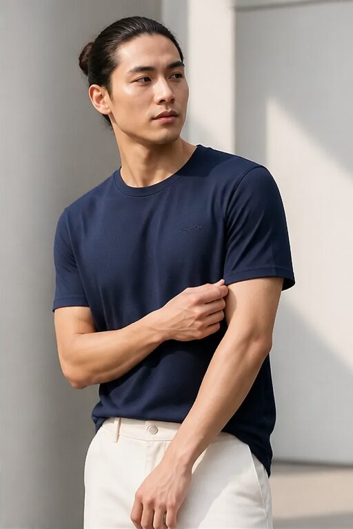 áo thun cotton xanh navy, cổ tròn, ngắn tay.