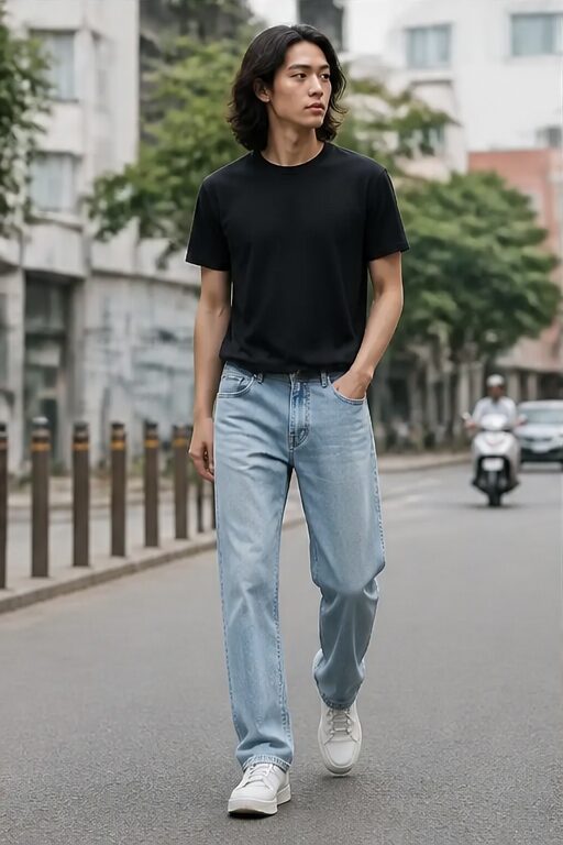 quần jeans denim xanh nhạt, ống rộng, có túi.