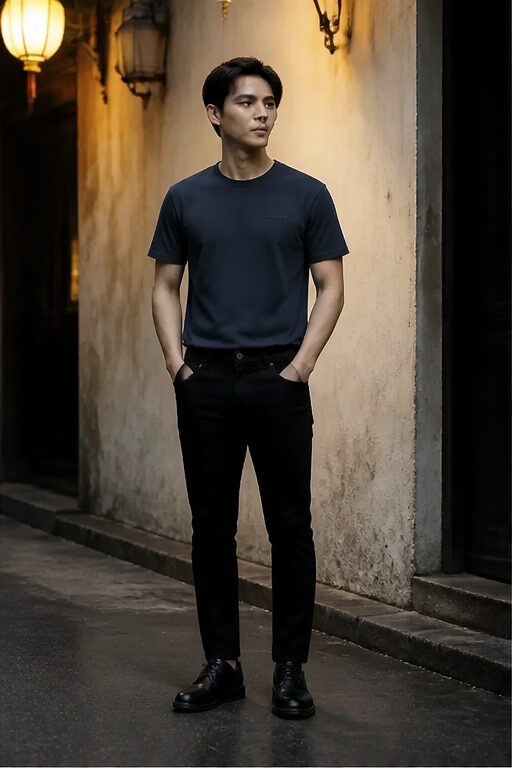 quần jeans denim đen, dáng ôm, có túi.; áo thun cotton xanh navy, cổ tròn, ngắn tay.