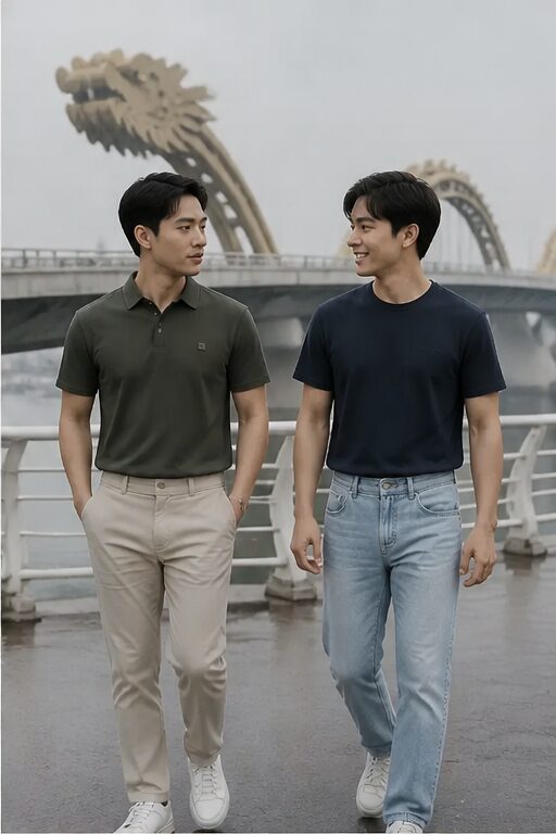 áo polo xanh rêu, vải dệt kim, có cổ, có nút.; quần kaki màu be, dáng ôm, có túi.