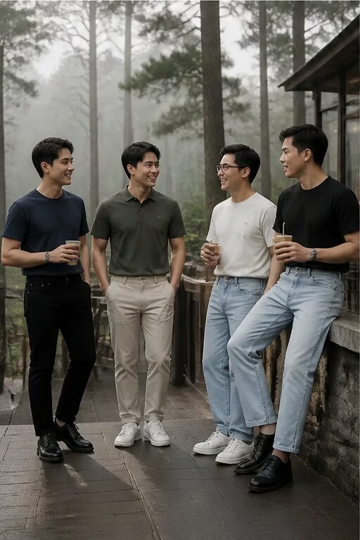 áo thun cotton xanh navy, cổ tròn, ngắn tay.; quần kaki màu be, dáng ôm, có túi.