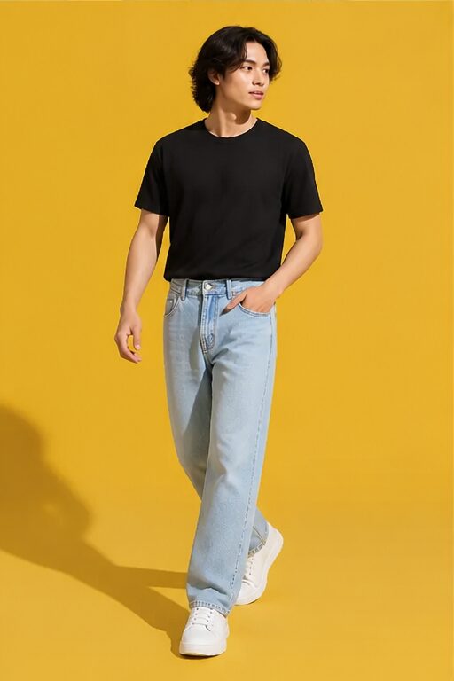 quần jeans denim xanh nhạt, ống rộng, có túi.