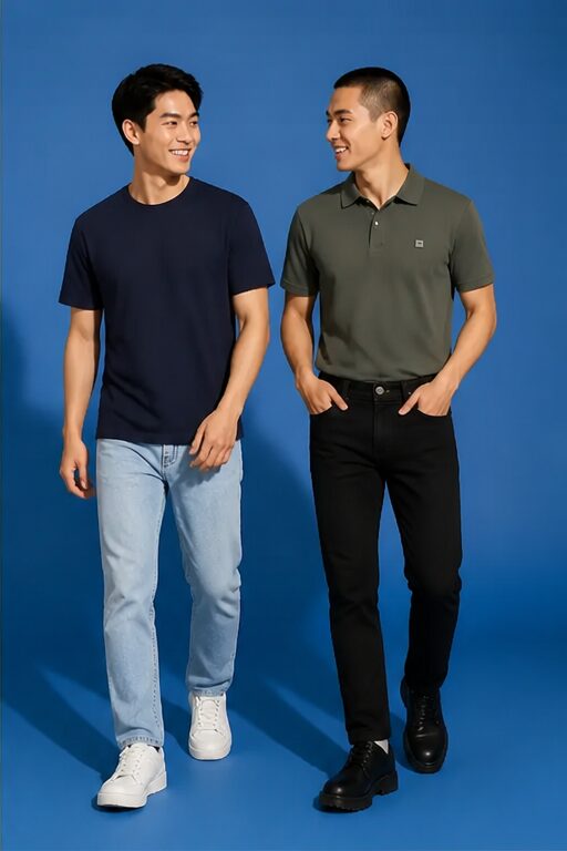 áo polo cotton xanh rêu, cổ bẻ, có nút; quần jeans denim đen, ống đứng, có túi.