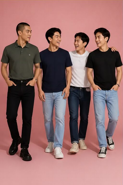 áo polo cotton xanh rêu, cổ bẻ, có nút; áo thun cotton xanh navy, cổ tròn, tay ngắn; quần jeans denim đen