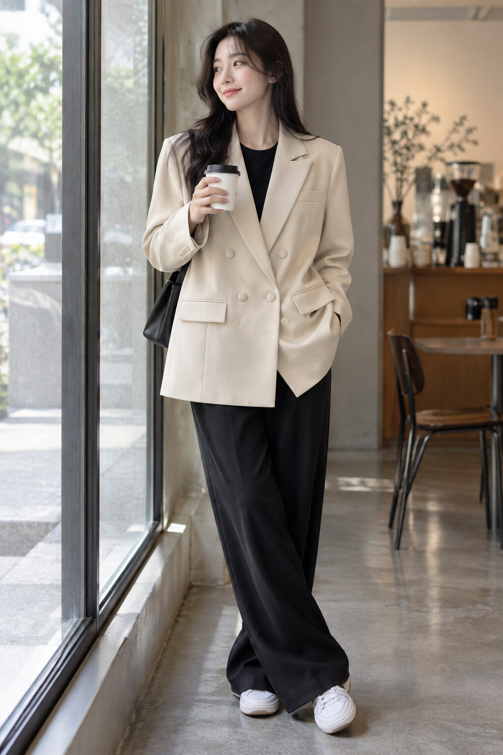 Blazer kem phom rộng mặc trên áo thun đen, phối quần tối màu và giày thể thao.