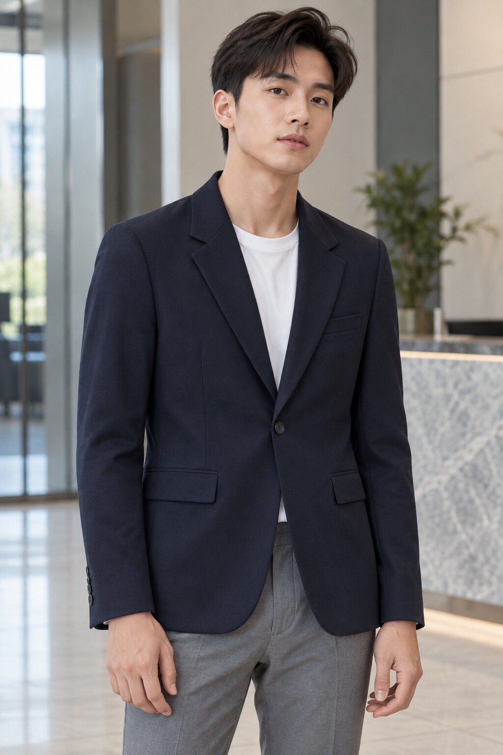 Blazer xanh navy với vai và thân gọn, mặc trên áo thun trắng.