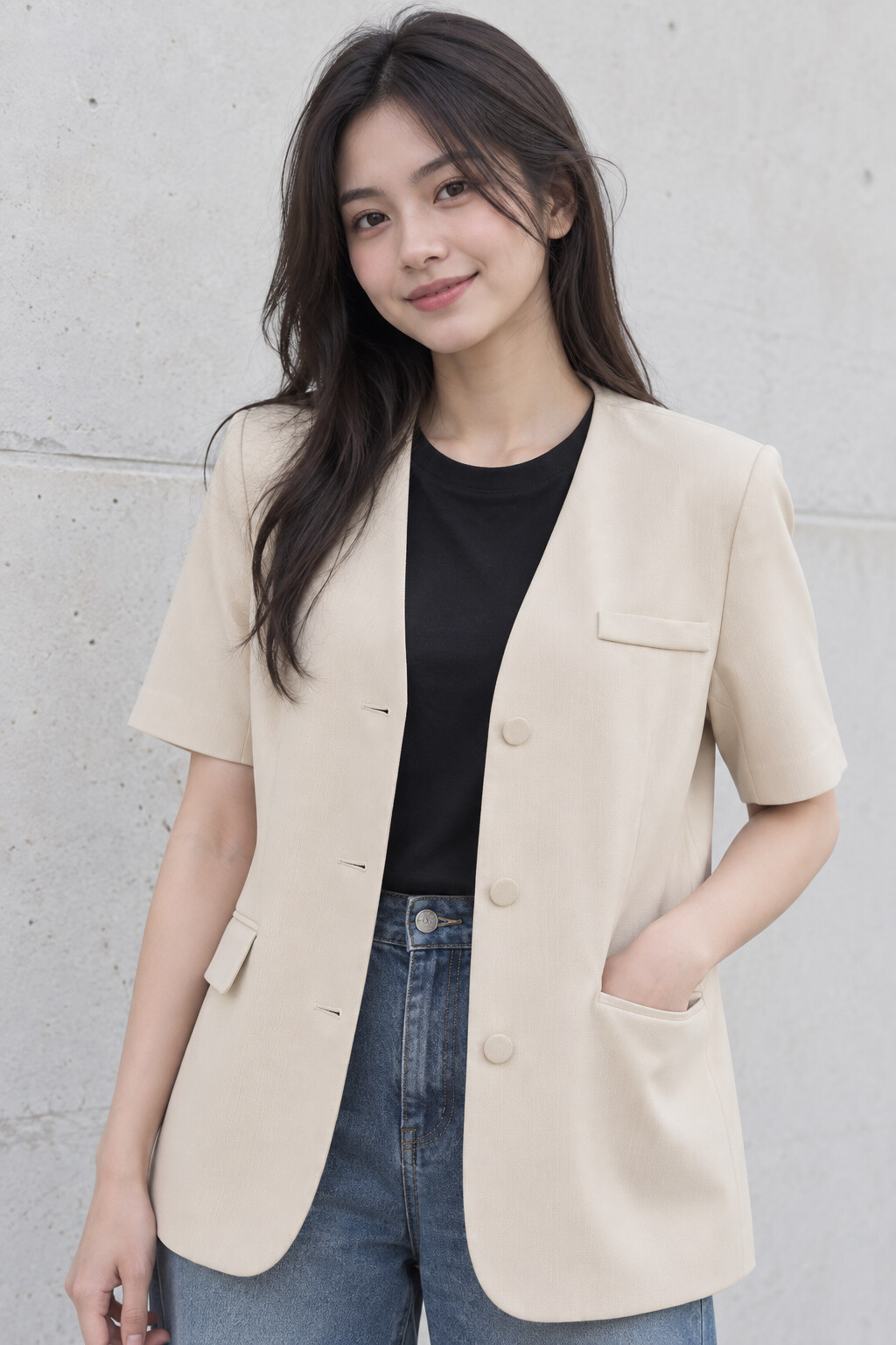 Blazer be không cổ, tay ngắn, mặc trên áo thun đen và quần jean.