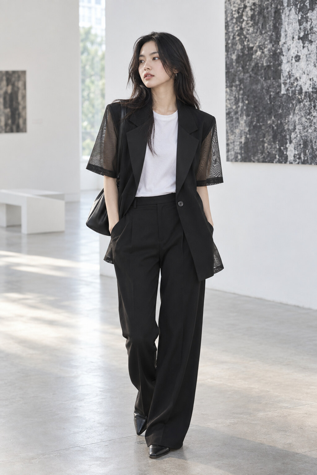 Blazer đen tay voan mặc mở trên áo thun trắng, phối quần tối màu trong phòng tranh.