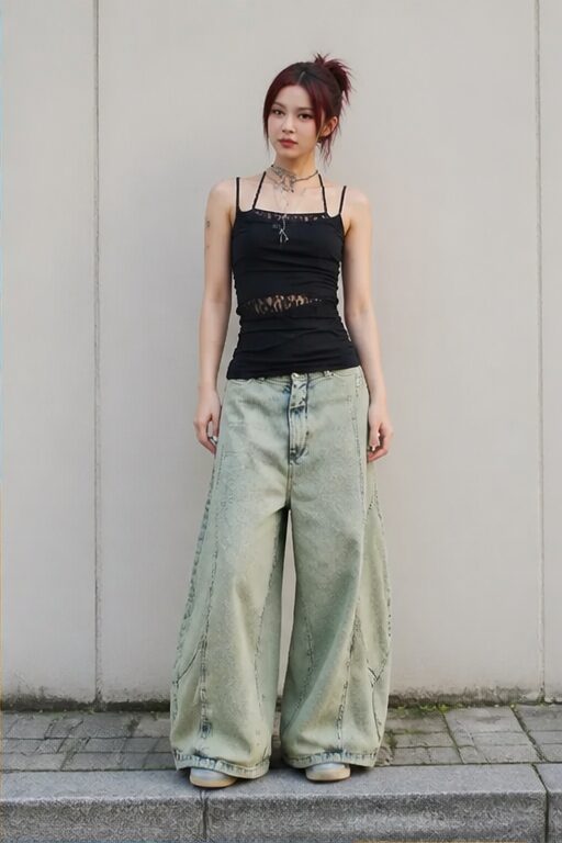 áo hai dây đen, ren, quần jeans ống rộng