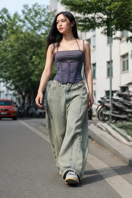 áo corset xám, dây mảnh, quần jeans