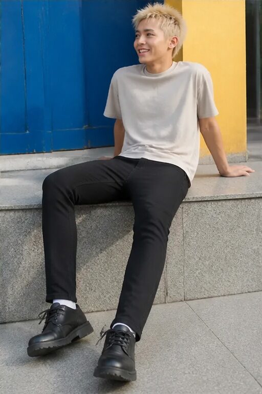 quần jeans đen skinny, co giãn, giày da đen