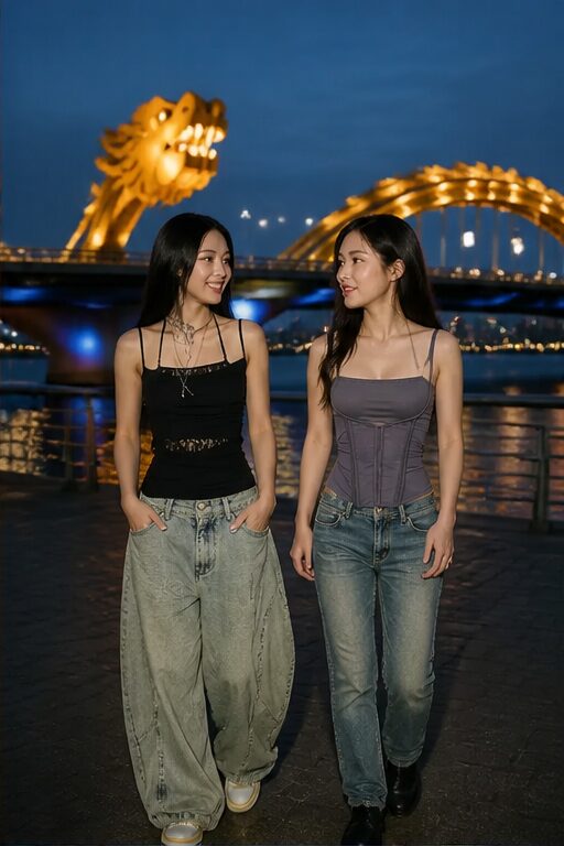 áo hai dây đen, ren, quần jeans ống rộng, giày sneakers.