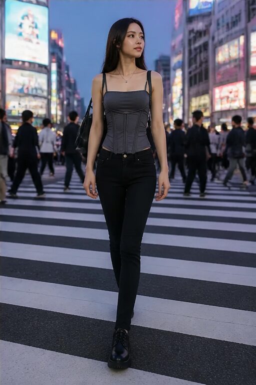 áo corset xám, dây mảnh, quần jeans đen skinny, co giãn, giày oxford.