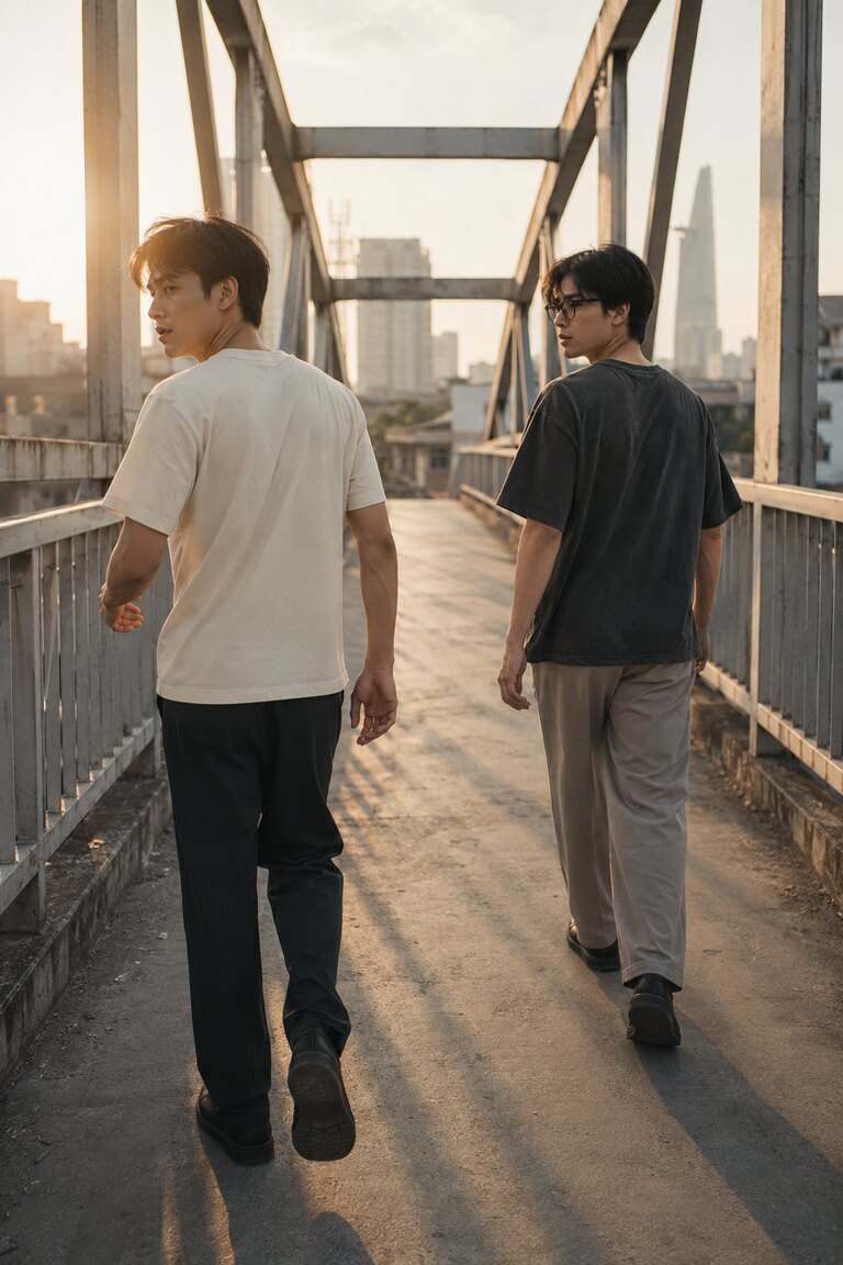 Hai người mẫu mặc tee kem và tee wash than chì đi trên cầu bộ hành lúc nắng muộn.