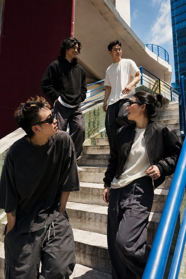Bốn người bạn mặc tee, hoodie và lớp áo biker đen đứng ở nhiều cao độ giữa bậc thang xanh và đỏ rượu.