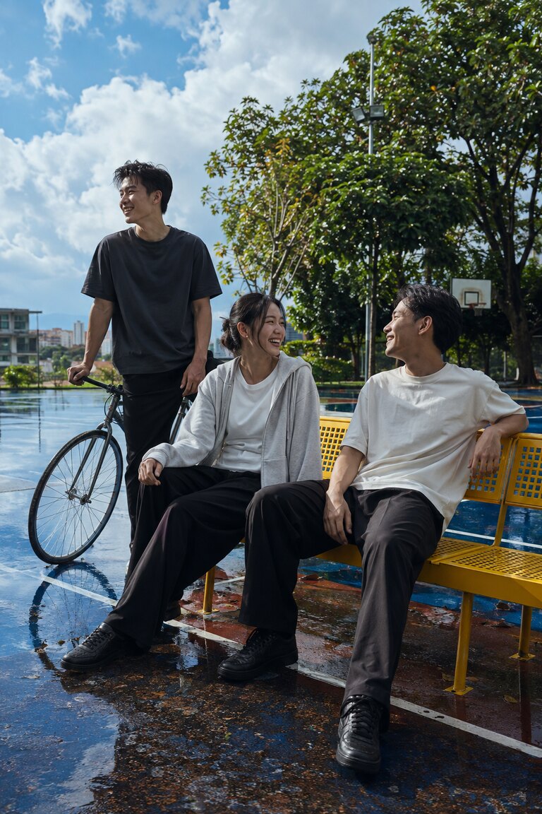 Ba người bạn mặc tee than, tee kem và hoodie xám nghỉ bên sân bóng phản chiếu trời xanh sau mưa.