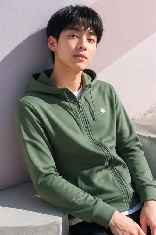 áo hoodie xanh rêu, có mũ, khóa kéo.