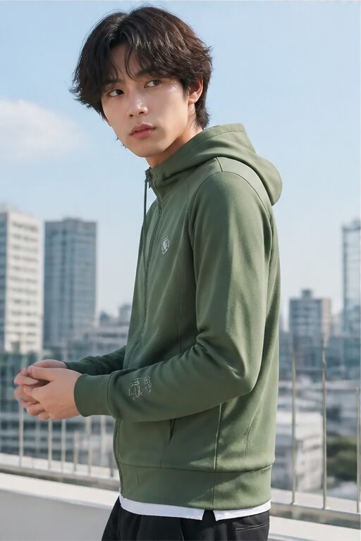 áo hoodie xanh lá cây, có mũ, khóa kéo.