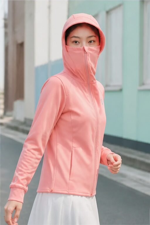 áo hoodie hồng, có mũ, khóa kéo, che mặt.