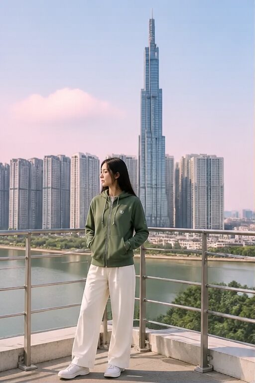 áo hoodie xanh rêu, có mũ, khóa kéo, quần trắng, giày trắng.