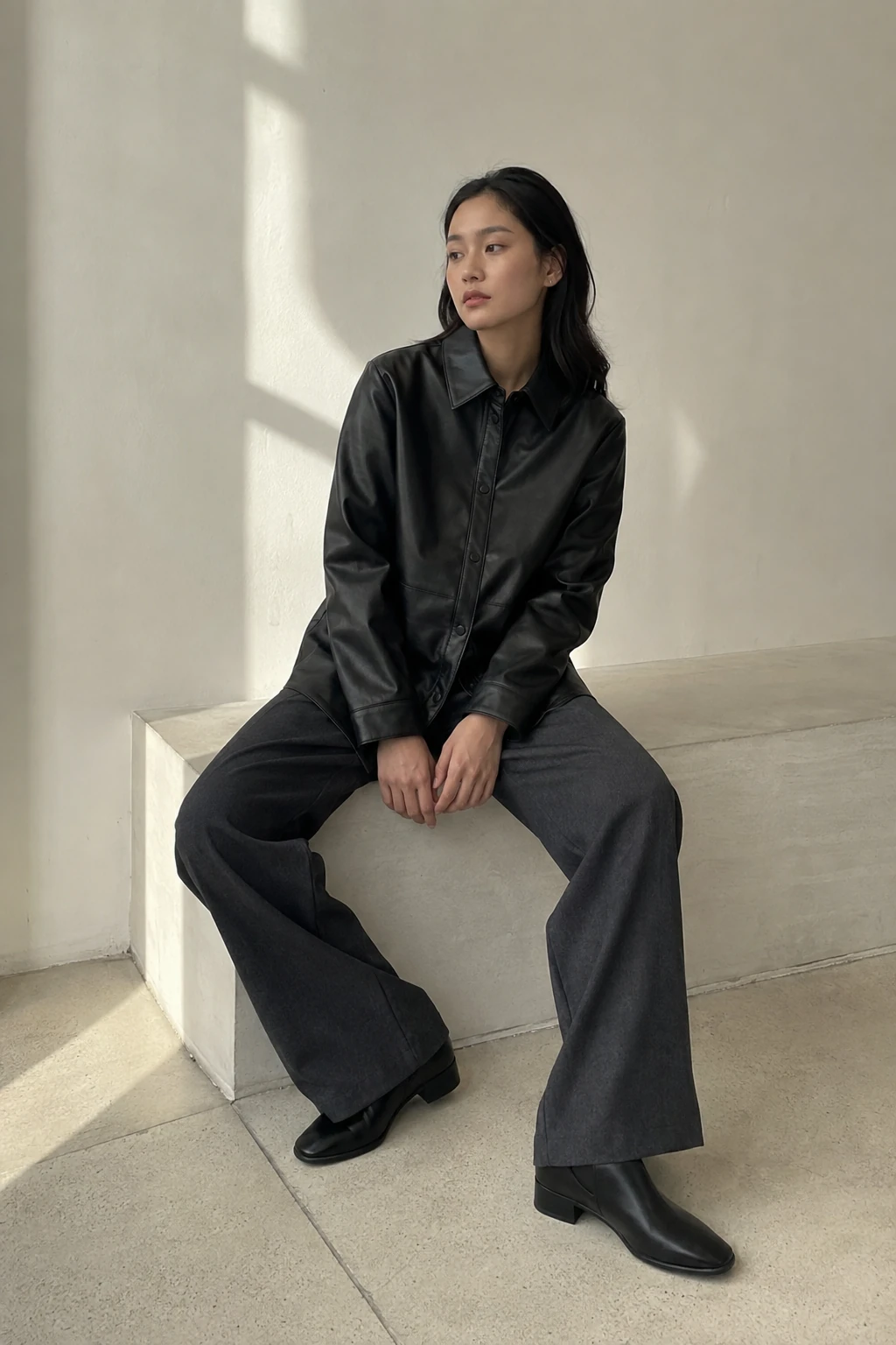 Bạn nữ mặc áo da đen cài kín cùng quần xám rộng và boots, ngồi trên khối ghế sáng màu trong phòng nắng. Ảnh AI cảm hứng, không phải ảnh sản phẩm thực tế.
