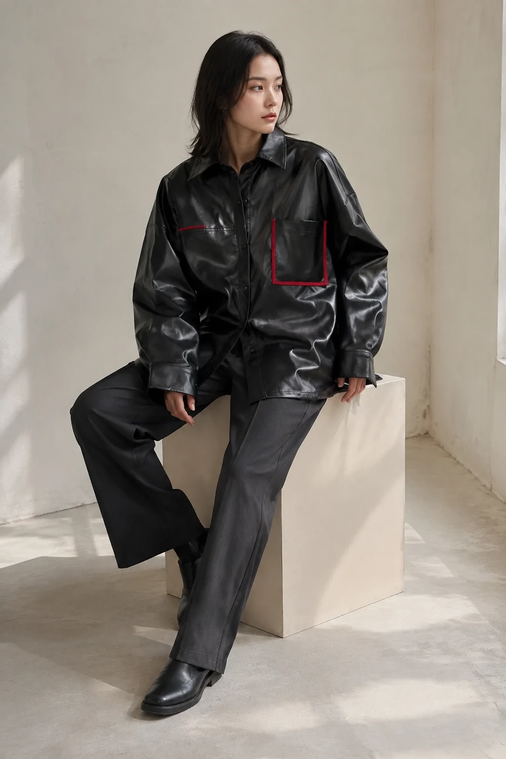 KAWA Leather đen phối quần xám trong không gian sáng màu