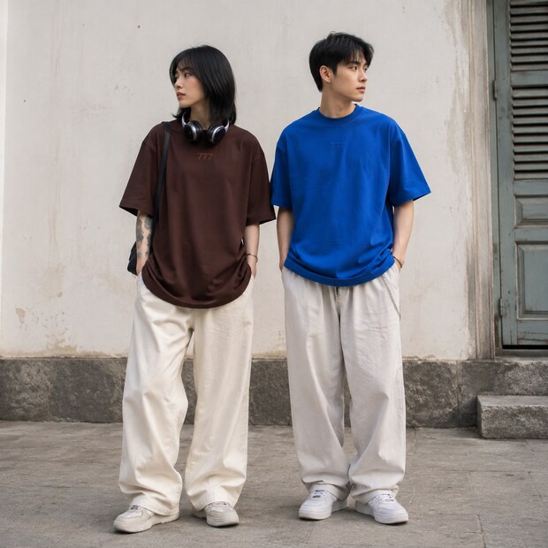 Hai người trẻ mặc áo thun nâu oversized và áo xanh boxy đứng trong sân nhỏ ở Sài Gòn.
