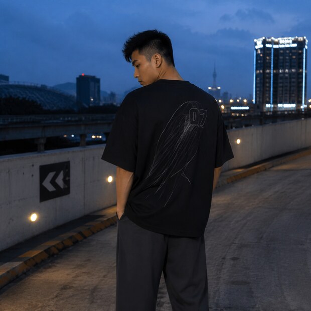 Người mẫu mặc áo thun đen oversized có graphic nét mảnh ở lưng trên dốc bê tông lúc chạng vạng.