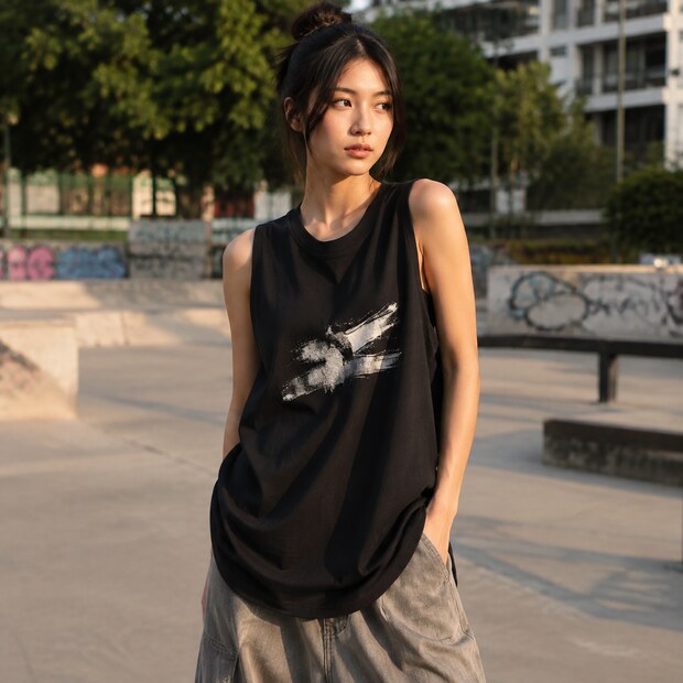 Người mẫu mặc tanktop cotton đen phom rộng cùng quần xám tại skatepark.