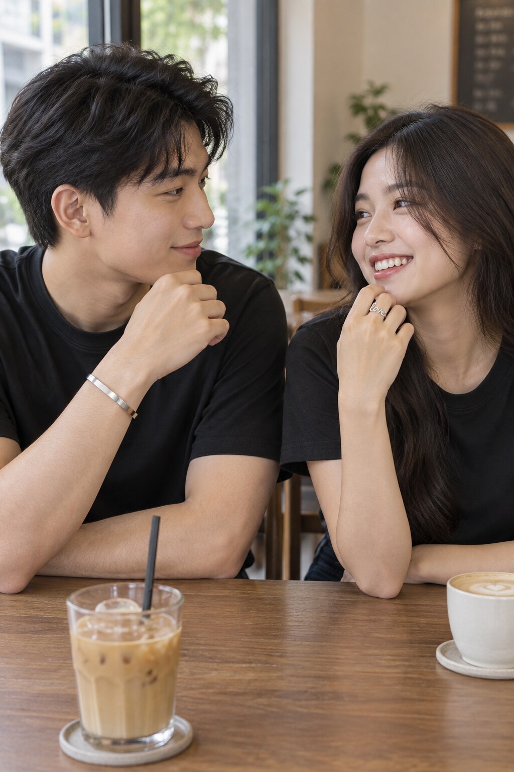 Vòng tay và nhẫn bạc liên kết hai bộ đồ đen trong một cuộc trò chuyện tự nhiên.