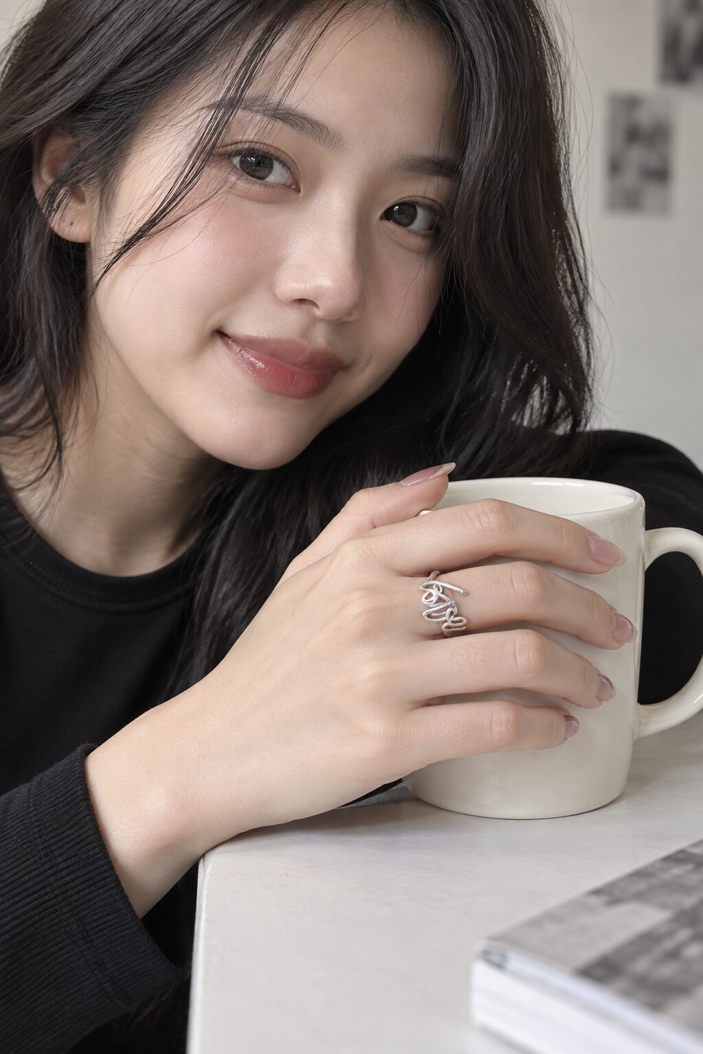 Chiếc nhẫn chữ tạo một điểm nhìn nhỏ khi bàn tay cầm cốc trên nền áo đen.