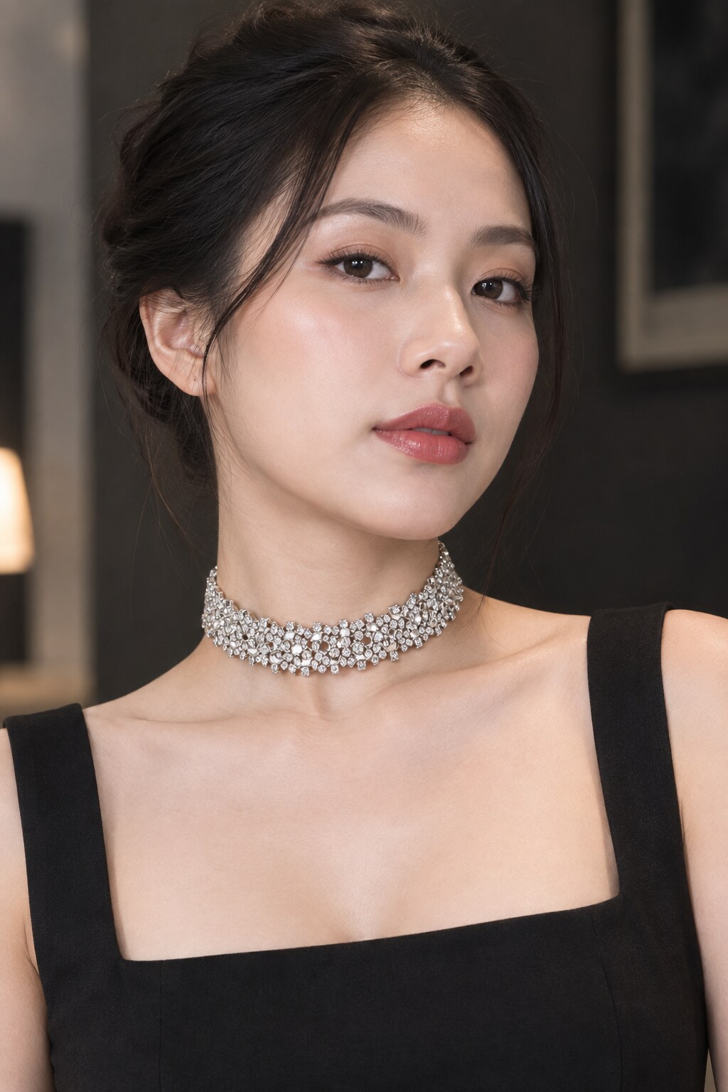 Vòng cổ bản lớn thay đổi đường viền cổ áo đen và tạo một tâm điểm rõ quanh khuôn mặt.