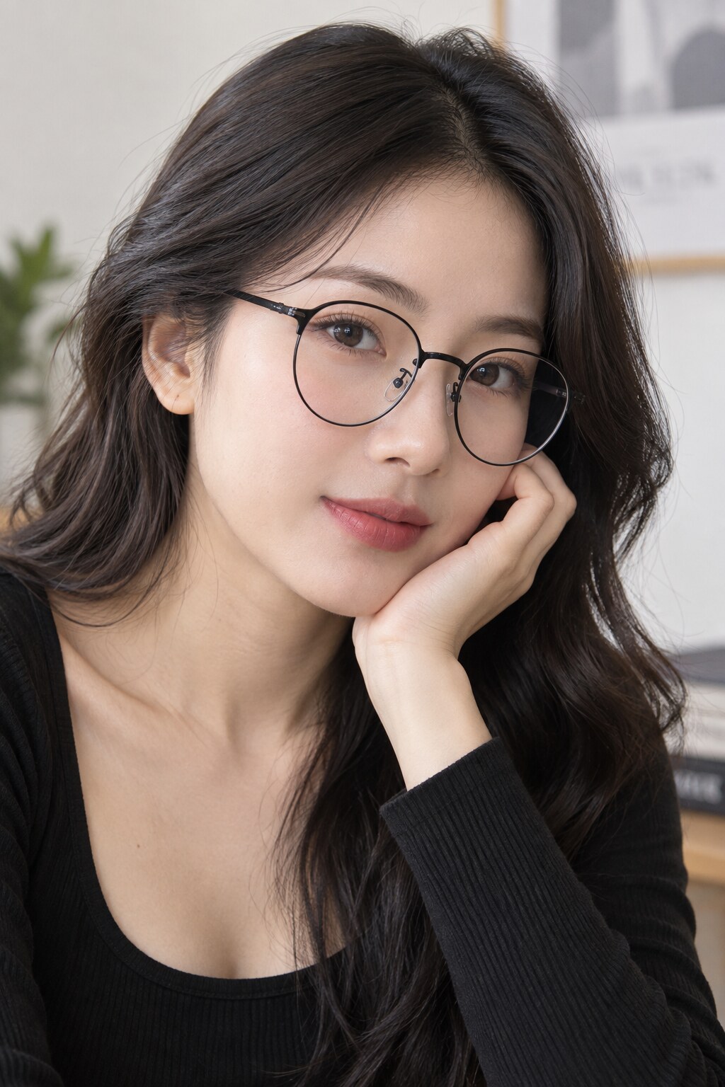 Gọng tròn mảnh làm mềm đường nét khuôn mặt và giữ bộ đồ đen không quá nặng.
