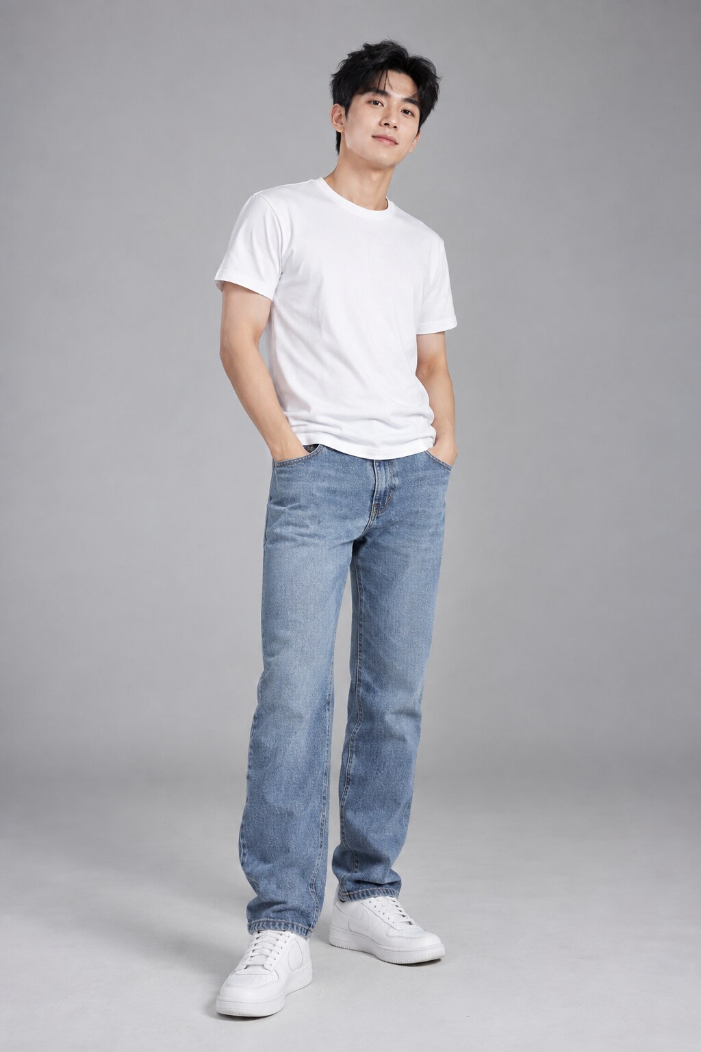Áo trắng và denim tạo một nền trung tính để người mặc thử thêm dáng kính phù hợp.