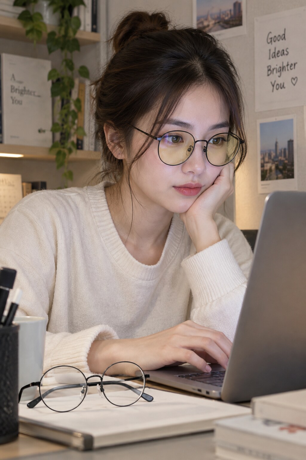 Gọng tròn được dùng khi làm việc, còn cặp kính đặt cạnh cho thấy một lựa chọn khác trong ngày.