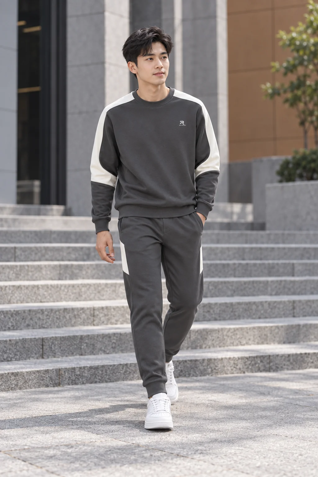 Bộ nỉ chì phối với sneaker trắng, để lộ các mảng trắng ở vai và quần.