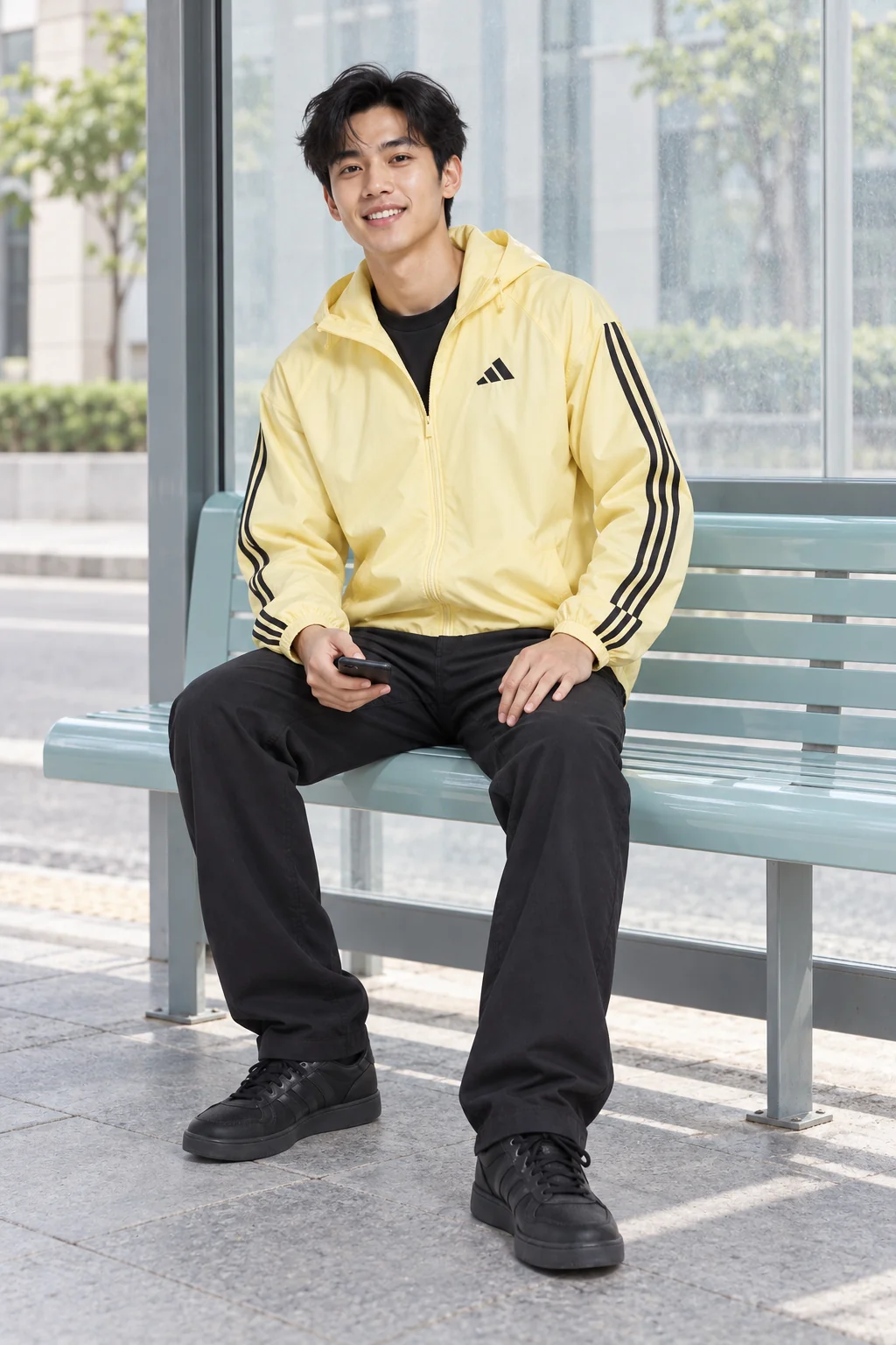 Áo vàng nhạt và sọc tay đen trong bộ phối với áo thun, quần và sneaker đen.