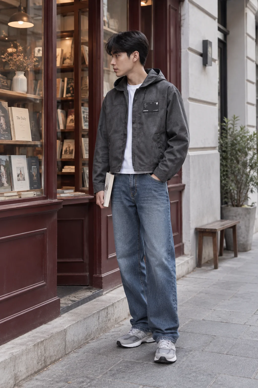 Áo khoác xám ngắn mặc ngoài thun trắng và jeans, một cách xem thêm nhóm áo khoác.